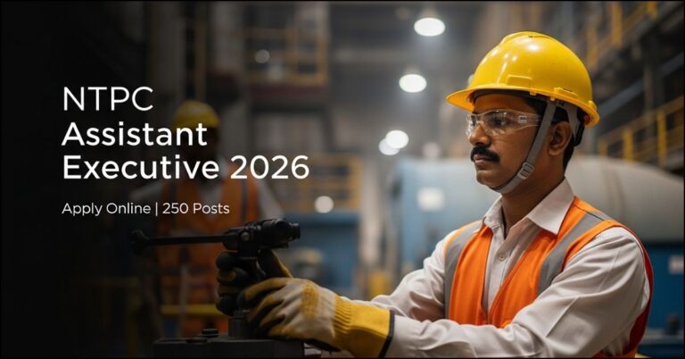 An Indian engineer wearing a yellow hard hat and safety glasses, working at a modern industrial power plant. Text overlay: 'NTPC Assistant Executive 2026', 'Apply Online | 250 Posts'."