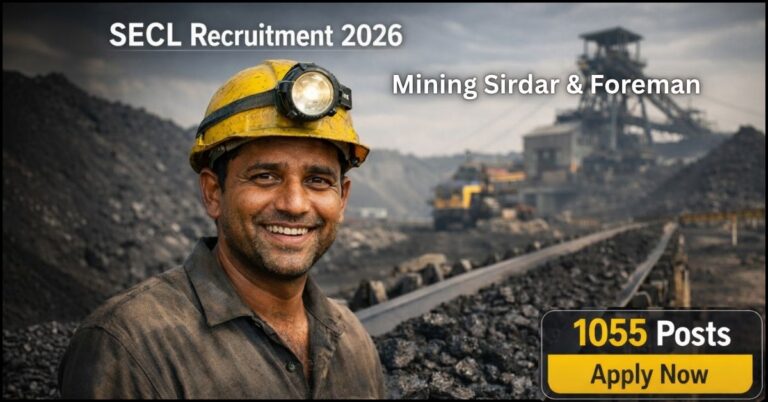 A smiling coal miner at a mining site with SECL Recruitment 2026 job details and Apply Now button.