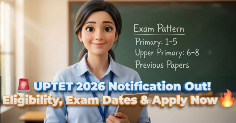 A smiling cartoon teacher holding a notebook in a classroom. Overlaid text says "UPTET Online Form 2026 : Apply Online, Eligibility" and "Hinglish Guide: Syllabus, Pattern, Post Details". A chalkboard shows exam details for Primary and Upper Primary.